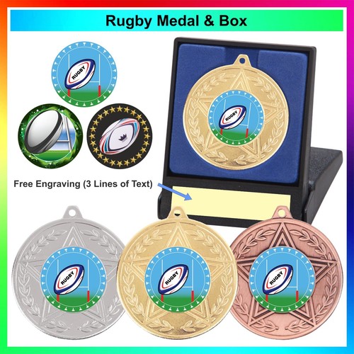 Medaglia rugby in scatola di presentazione, incisione gratuita - premio trofeo 5 cm, vincitore - Foto 1 di 4