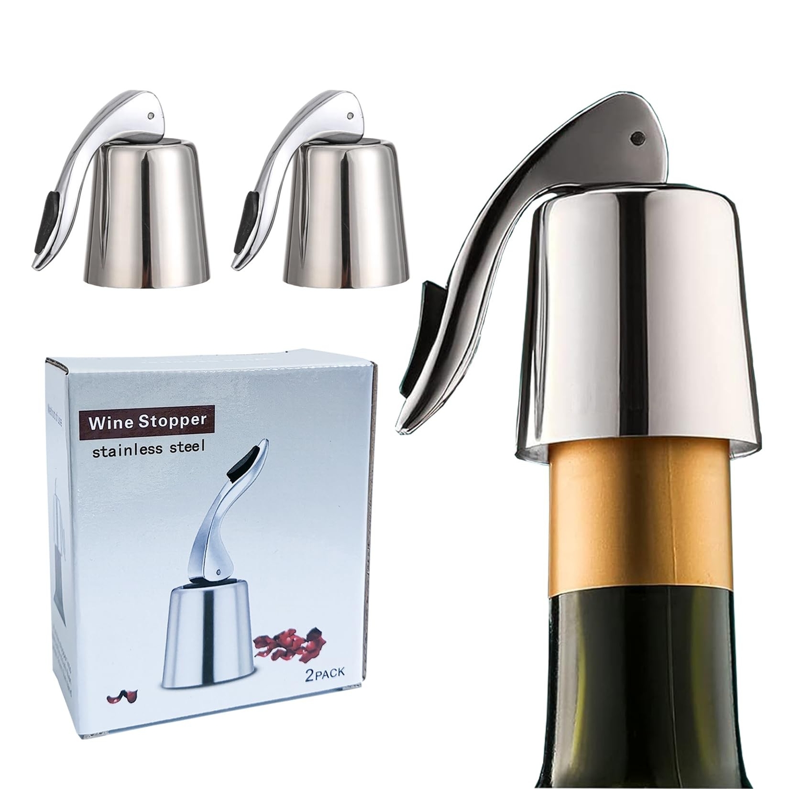 Wine Stoppers Set of 2, Pafusen, Stainless Steel Wine Bottle Stopper with Sil...
