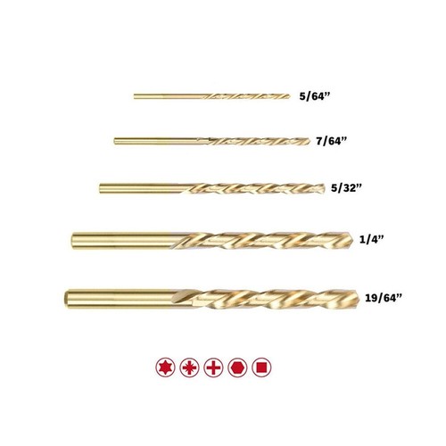 5 Pcs Titanium HSS Left-Hand Twist Drill Bit Set 5/64", 7/64", 5/32",1/4",19/64" - Picture 2 of 4