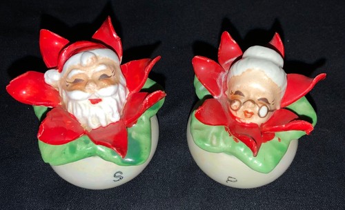 VINTAGE NAPCO CERAMIC CHRISTMAS SALT/PEPPER SHAKERS - POINSETTIA SANTA & MRS. - Picture 12 of 12