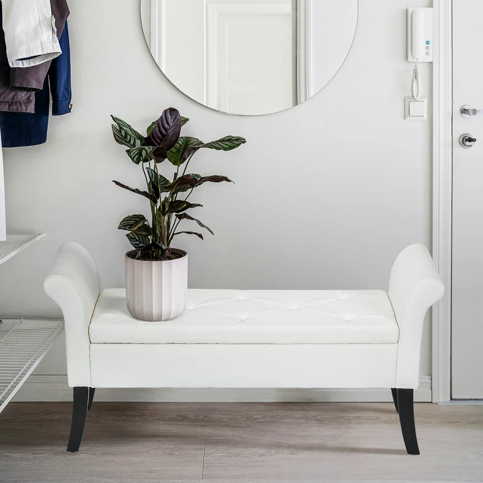 白色矩形储物长凳柔软聚氨脂合成革25英寸脚凳卧室带滚臂 — 第 4/4 张图片