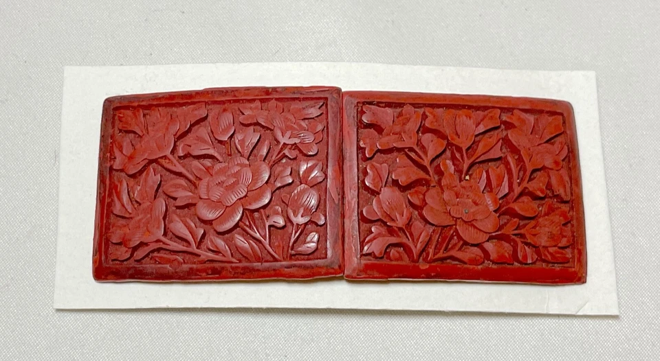 антикварная китайская резная лакированная прямоугольная пряжка ремня 1800-х годов ручной работы из киновари - Изображение 4 из 4