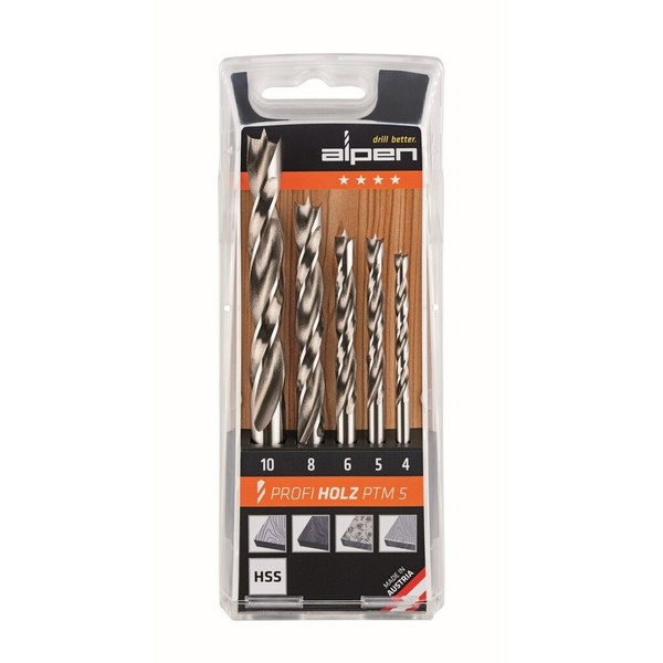 Alpen Holzspiralbohrer Kassette Profi PTM5 4,0, 5,0 6,0 8,0 10,0 Mm 600114100-image