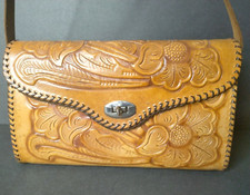 Tooled Leather Purse Shoulder Bag Floral Turn Lock Closure Adjustable Strap