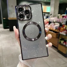 For iPhone 16 Pro Max 15 14 13 12 Women Girls Mag Safe Sparkle Plating Slim Case