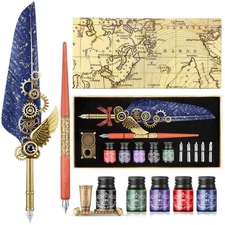 Quill Pen and Ink Set,Calligraphy set for beginners,Wooden Dip Pen,5 Color In...