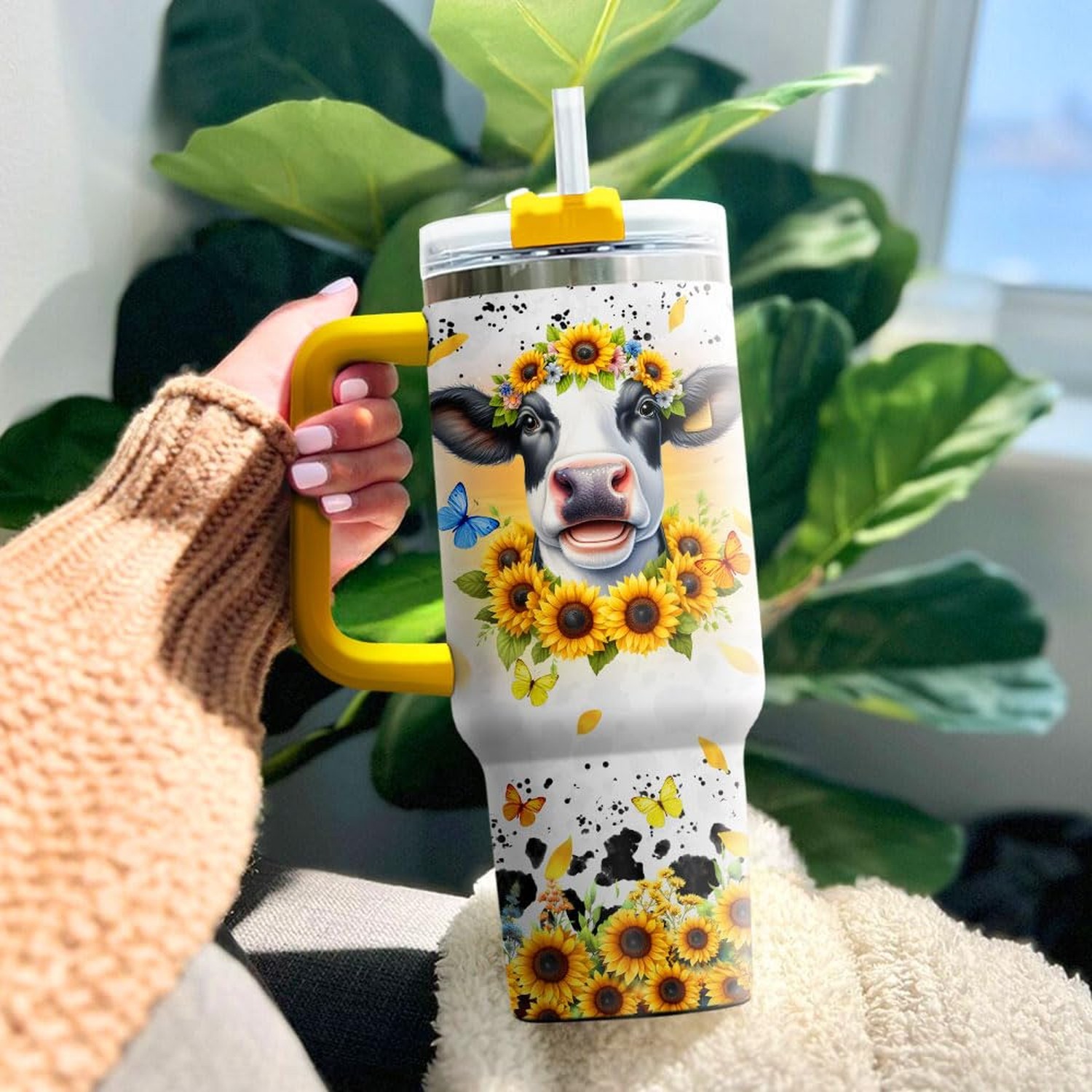 Handle Yellow Modern Simple Cows Glitter Print Cups Butterfly Cup Stainless S...