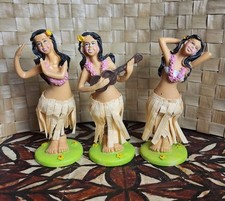 Vintage Hawaiian Hula Girls  Ukulele  Dancers Dashboard Bobblehead Set/3