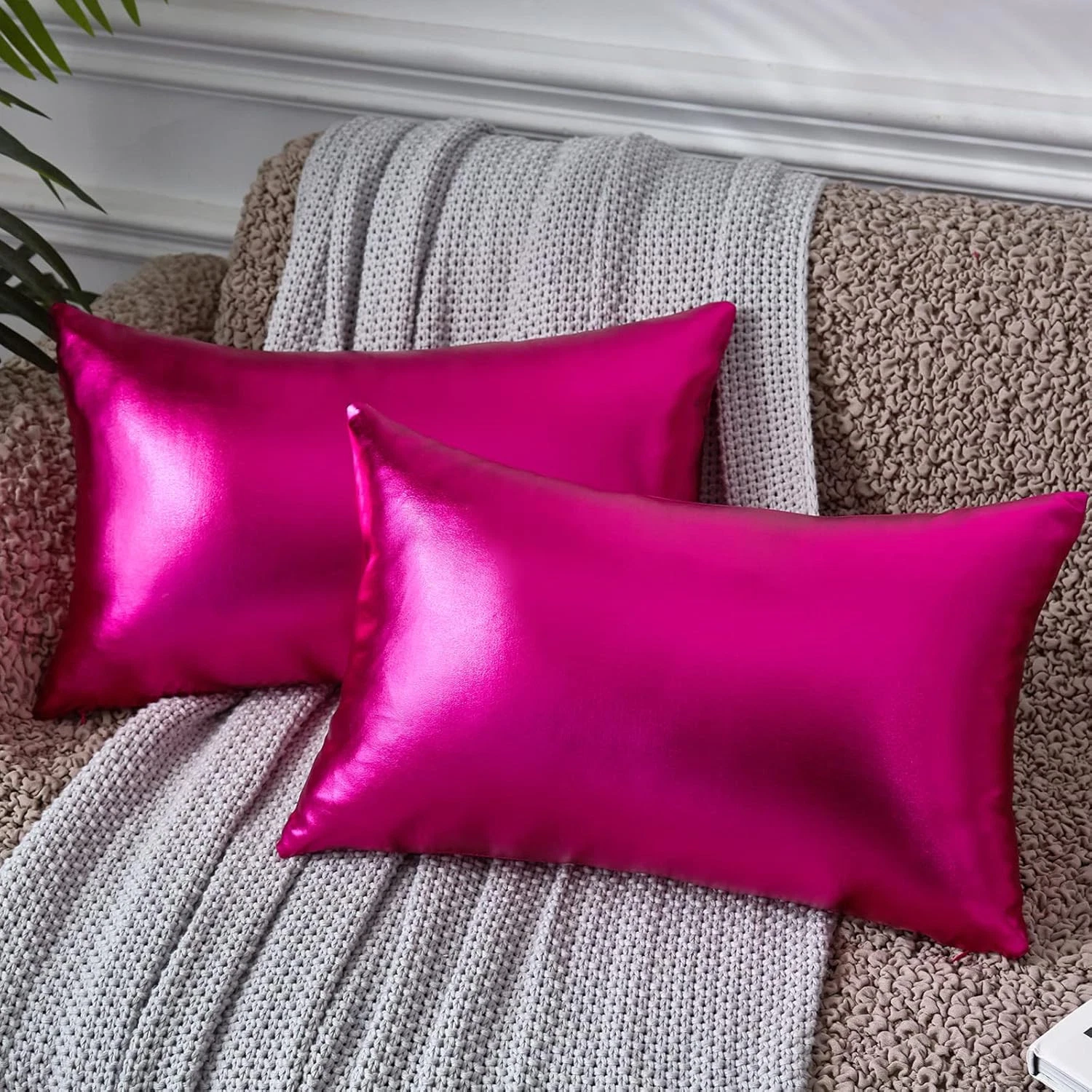 EUCIOR Decorative Pillows - Fuschia 12" x 20" (Pack of 2), Hot Pink