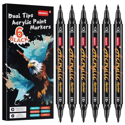 Acrylic Paint Pens Markers, 6 Pc Dual Tips Waterproof Paint Markers For 6 Black