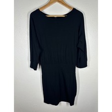 Express Dress Womens S Black Banded Waist Keyhole Back Mini 3/4 Sleeve Solid