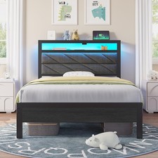 Seventable Bed Frame Twin Size with Charging Station, LED Bed with Upholstere...