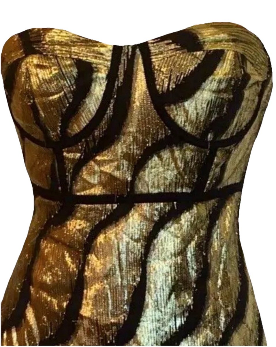 kate moss gold dress topshop LAMÉ BLACK BONED CORSET RAW EDGE BANDEAU MINI 16 14 kate moss topshop collection 2010