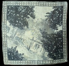 Mid Century Linen Hanky Modern Grayscale Impressionism Cityscape Trees