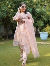 Stitched Organza 3 Pc Suit Asian Ladies Embroidered Salwar Kameez 2 Colours New