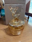 Vintage Jeanette Glass Marigold Carnival Glass Deer Fawn Vanity Powder Jar Dish