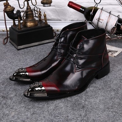 Rivets Men's Metal Pointed Toe Leather Ankel Boots Lace Up Shoes Britian Retro