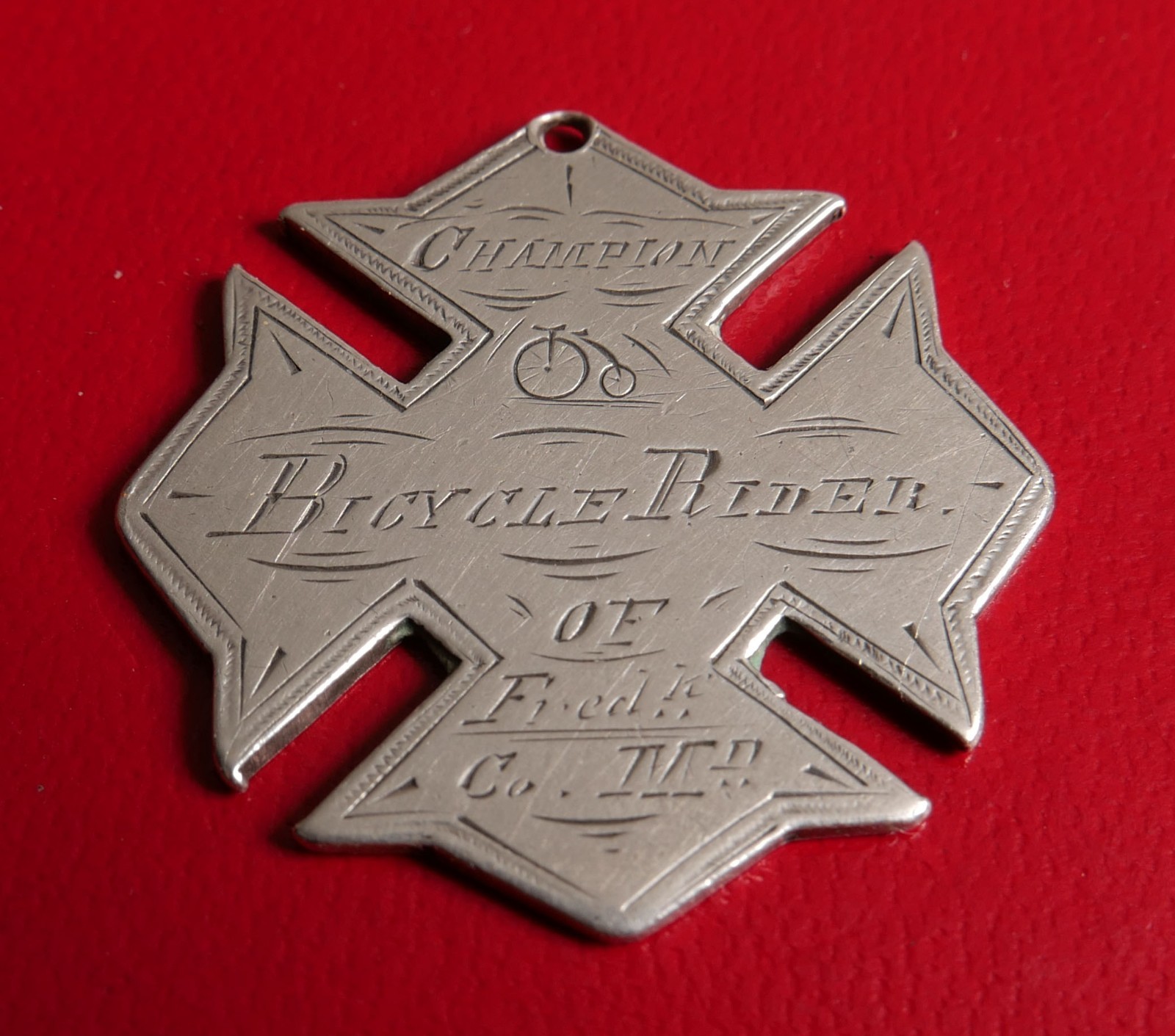 CIRCA 1894 CHAMPION HIGH WHEELER BICYCLE MEDAL PENNY FARTHING FREDERICK MD RARE!