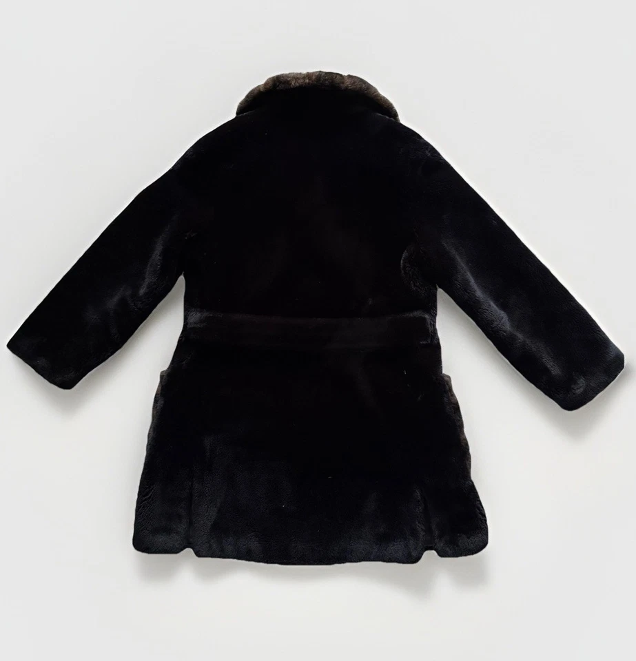 60s VINTAGE Borgana Fairmoor Faux Fur Coat Black Women's Size M Brown Trim #1101 - Image 2 of 4