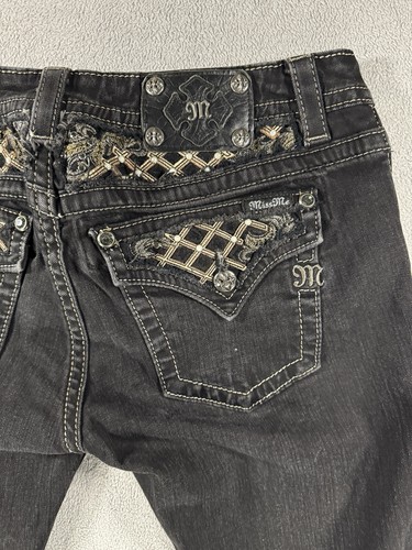 Miss Me Jeans Sz 32 Signature Skinny Sequined Rhinestone Pockets Black Jeans - Picture 15 of 19