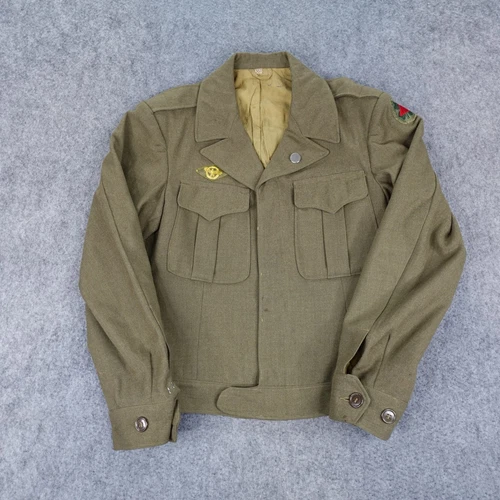 Vintage Military Jacket Mens 36 R Olive Wool WWII Ike Patch Field Uniform OD 40s