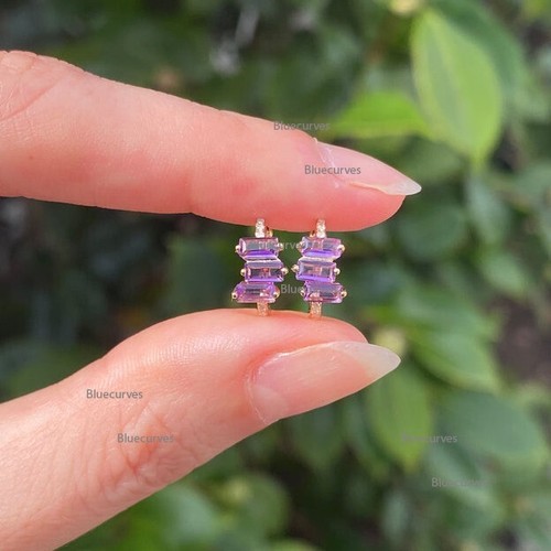 Trio Baguette Natural Amethyst & Real Diamond Hoops Earrings 14k Solid Gold - Picture 1 of 9