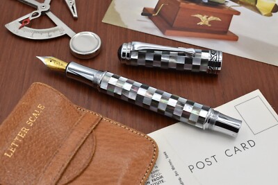 Xezo Maestro Jubilee Black/White MOP Med Fountain Pen, Chrome Plated. Handmade