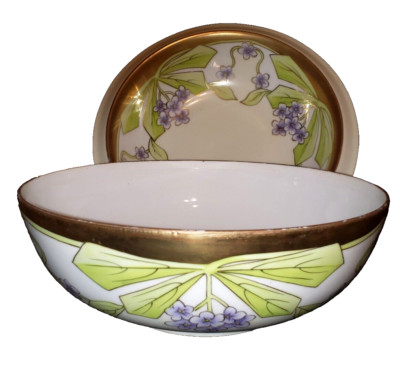 ANTIQUE P T BAVARIA PORCELAIN HAND PAINTED SIGNED VIOLETS & GOLD BOWL SET