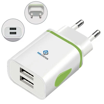 PIPESTATION EU 2 Pin to Dual USB Plug Adapter, Travel Charger, Europe Adaptor iPhone Samsung