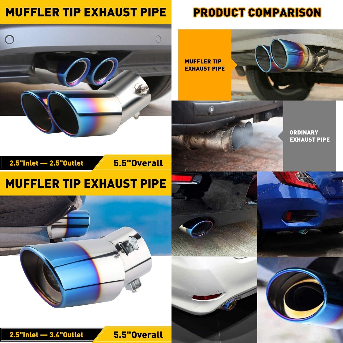 Car Exhaust Pipe Tip Tail Throat Muffler Stainless Steel Replac Toasted Blue M