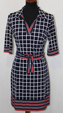 En Focus Sze 8 Navy Blue Window Pane Sheath Dress Short Sleeve Knit Belted