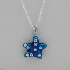 Starfish Necklace With Genuine Crystal in Blue Enamel  925 Sterling silver 16"