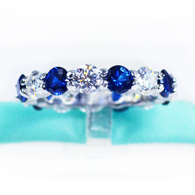 4MM White Moissanite Lab Create Blue Sapphire Eternity Band Ring Sterling Silver