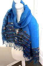 NWT Raj Hand-Knotted Pashmina Scarf Shawl Wrap Table Runner Blue
