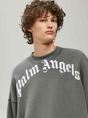 Auth Men's Palm Angels Curved Logo Casual Gray Cotton Sweatshirt Oversized - M