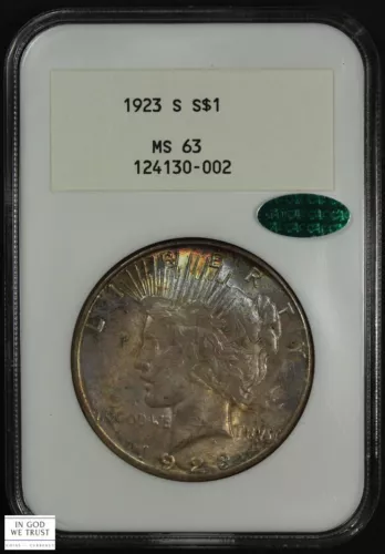1923 S Peace Dollar $1 Old White Label Holder NGC MS63 CAC (SPECTACULAR TONING!)