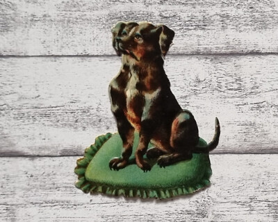 um 1900 Hund süß schwarz Kissen Glanzbild alt Oblate Prägedruck Ephemera Vintage