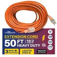 50ft Power Outdoor Extension Cord & Indoor - Waterproof Electric Drop Cord Cable