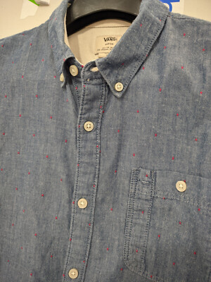 VANS Shirt Mens M Blu Long Sleeve Button Down Chambray Denim Speckle 100% Cotton