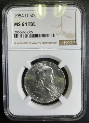NGC MS64 FBL 1954-D Franklin Half Dollar FULL BELL LINES MS BU FROSTY CHOICE 13