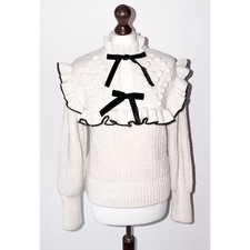 Zara Viral Cream Knit Jumper With Black Velvet Bows & Ruffle Size M (UK 12) VGC