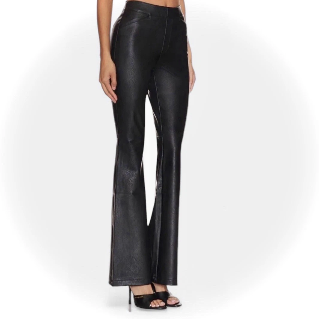 SPANX Pants Large Faux Leather Like Flare Leg Pull On Stretch Y2K Rock Grunge