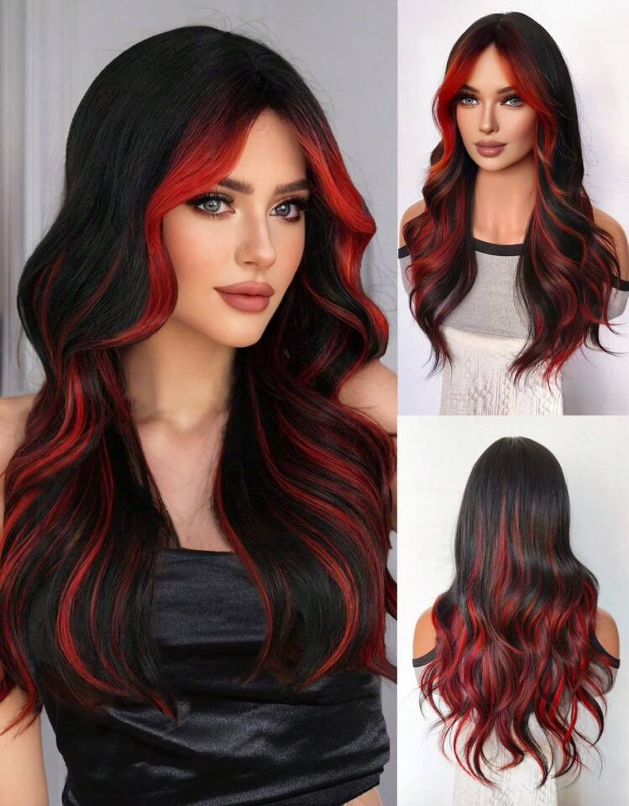 Perruque synthétique bouclée noir et rouge longue avec kit de pose pro