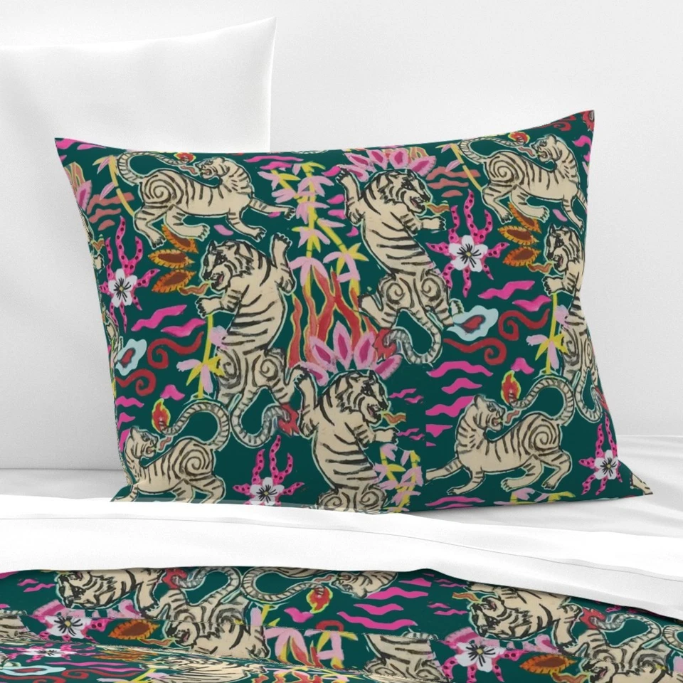 Funda nórdica o almohada estampada verde azulado oscuro Bright Flaming Tigers Foto 2 de 4