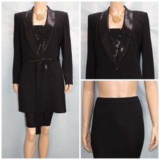 St. John Evening Black Jacket Skirt L Size 10 12 2pc Suit Sequined Pockets Belt