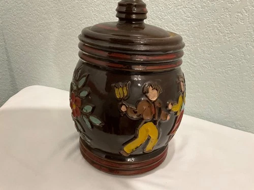 Vintage Red Wing Pottery "dancing peasants" cookie jar 10" x 8"