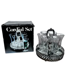 Vtg. Leonard Silver Mfg. 7 Piece Silver Plate + Crystal Cordial Set #8017 in Box