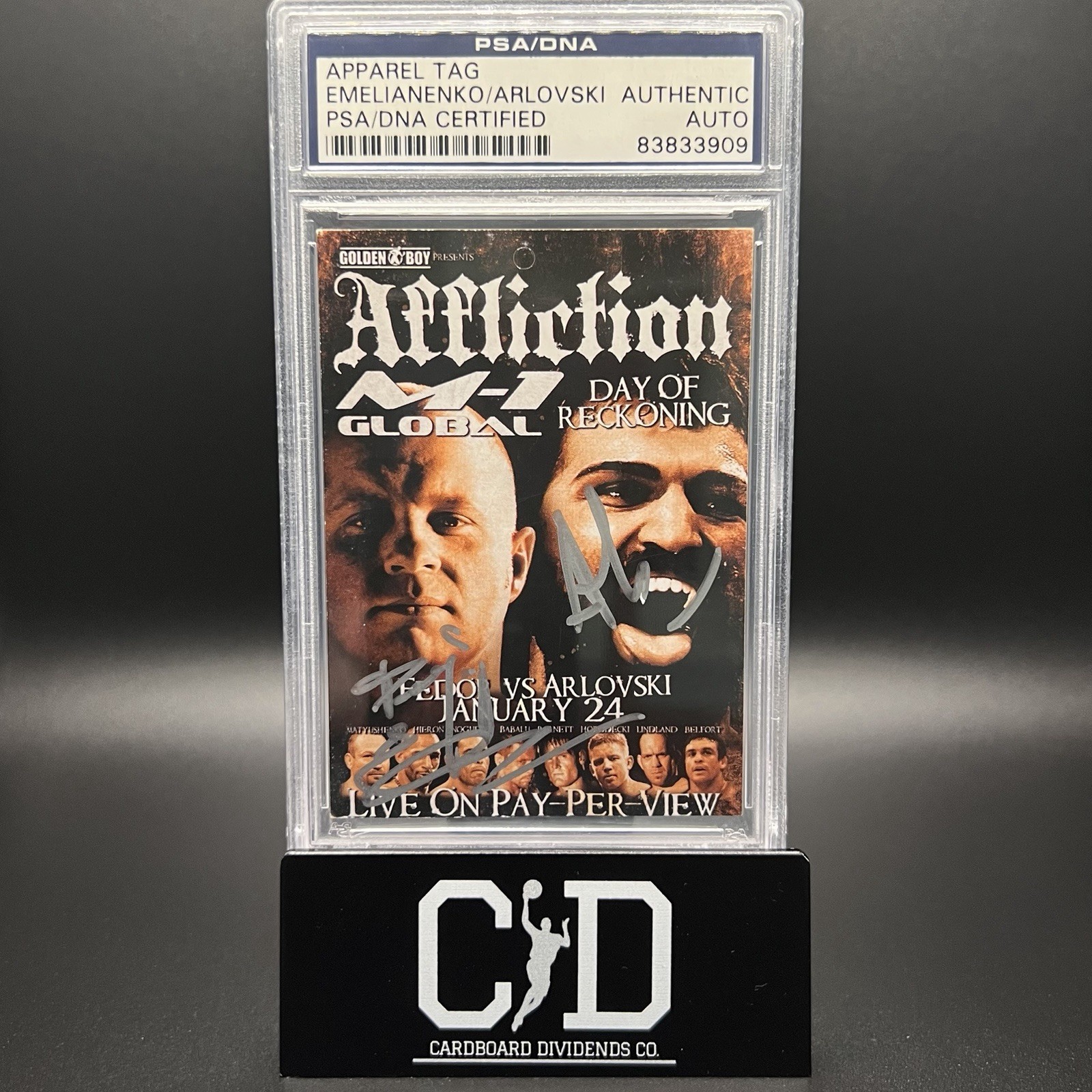 Fedor Emelianenko & Andrei Arlovski 2009 Affliction Doble Auto Apparel Tag PSA