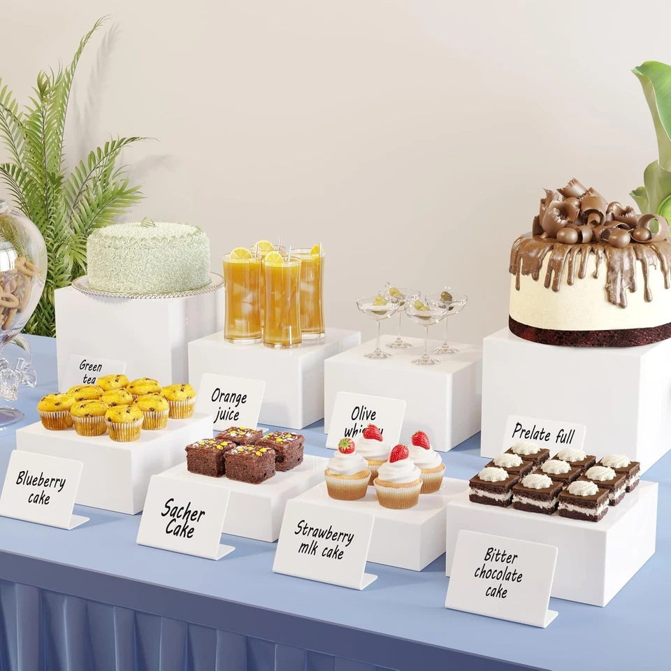Juego de elevadores de alimentos acrílicos con mini letreros para exhibición de mesa de buffet Foto 4 de 4