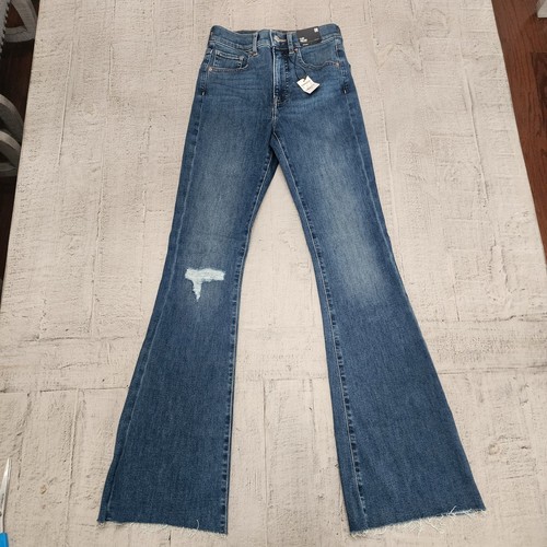 Express Flare High Rise Supersoft Jeans Size 0 Blue Raw Hem Denim Distressed